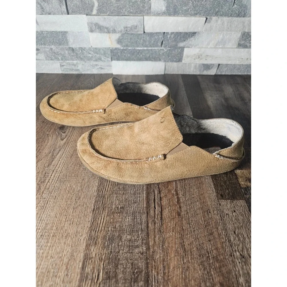Olukai Men's Moloa Leather Slipper Wool Shearling size  8 Tan great tread rubber